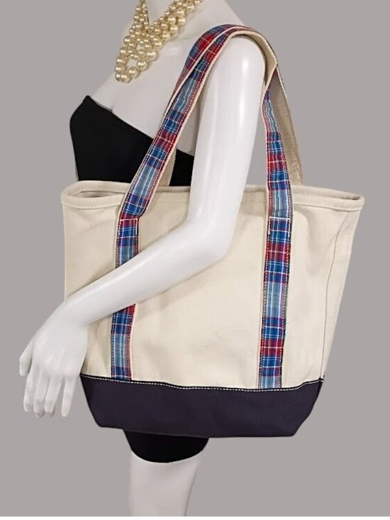 Lands' End Handbags - Lands End Tote Canvas Plaid Straps Cream Navy Large